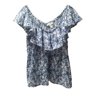 Rebecca Taylor Blue White Floral Ruffle Top Cotton Blouse 6